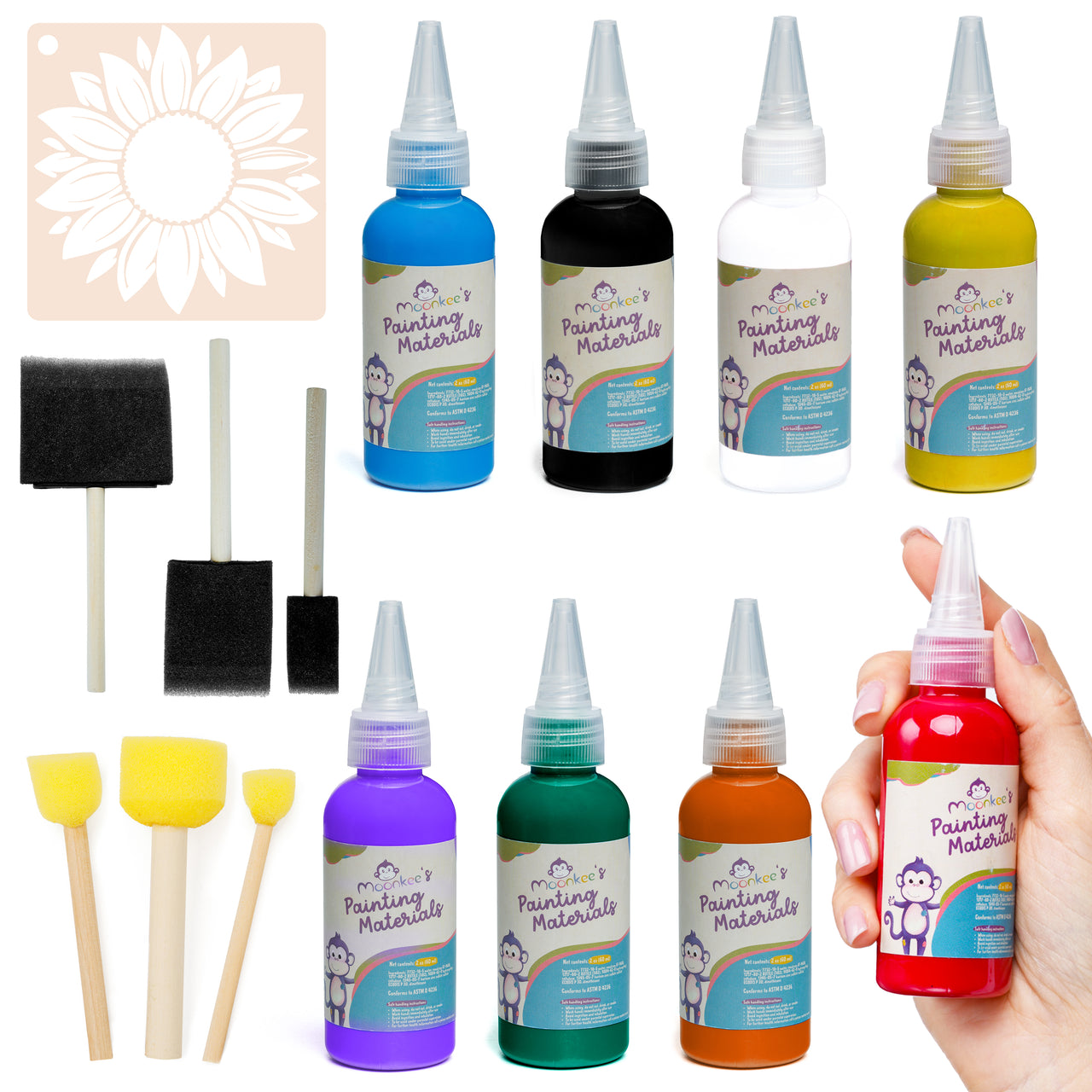 MOONKEE Washable Paint Kids Set - Non Toxic Full Kit of 8 Assorted Colors,  Creative Stencils, Dabbers and Palette - Finger Paints for Toddlers 1-3 