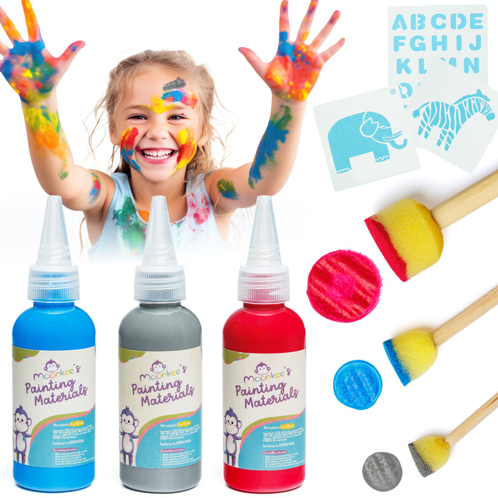  MOONKEE Washable Paint Kids Set - Non Toxic Full Kit of 8  Assorted Colors, Creative Stencils, Dabbers and Palette - Finger Paints for  Toddlers 1-3 - Art Supplies for Home, School 