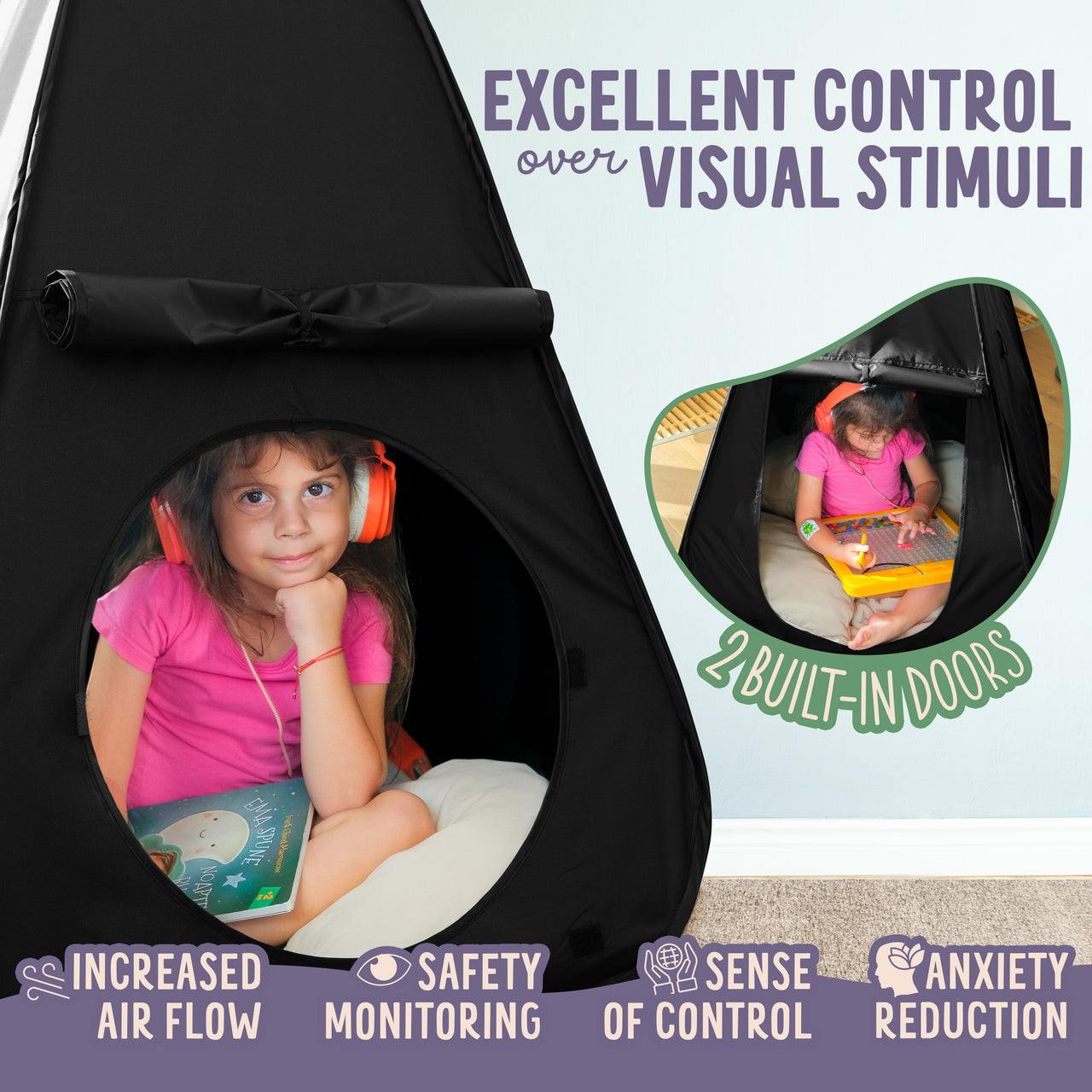 Sensory Tent Calm Corner - Pyramid Blackout Kids Play Pop-up Tent with Door and Window